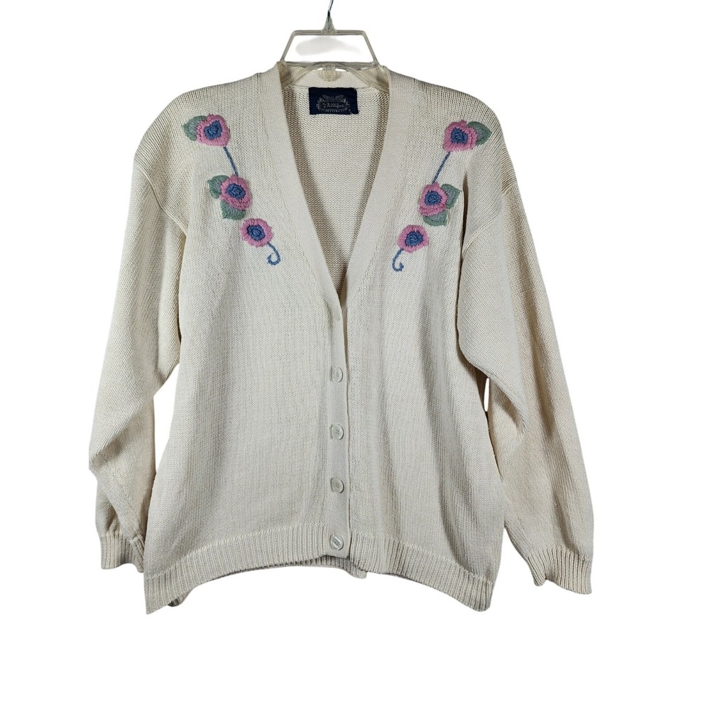 The Villager Womens Petite Cream Floral Embroidered Cardigan Coquette Grandma